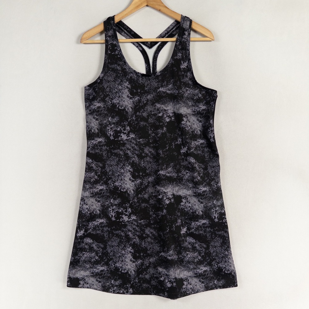 Neiman Marcus Activewear Tank Dress Sz Medium Black Grey Marble Print Racerback